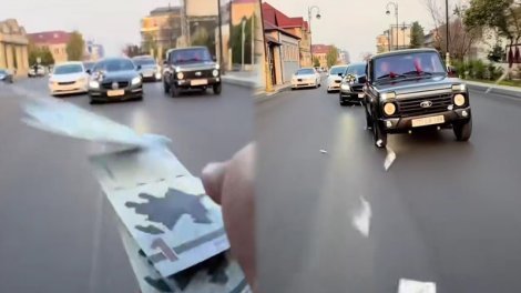 Toy karvanında "avtoş"luq edib yola pul səpdilər - VİDEO