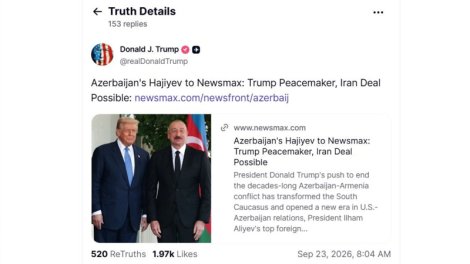 Tramp Hikmət Hacıyevin "Newsmax" nəşrinə müsahibəsini paylaşdı