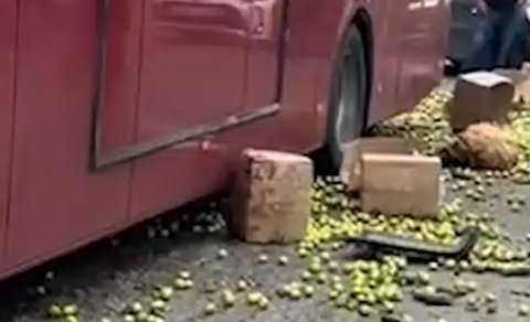 "BakuBus"un avtobusu "Ford"la toqquşdu, meyvələr yola dağıldı - VİDEO