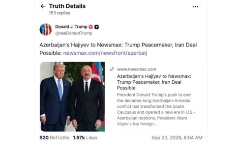 Tramp Hikmət Hacıyevin "Newsmax" nəşrinə müsahibəsini paylaşdı