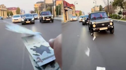 Toy karvanında "avtoş"luq edib yola pul səpdilər - VİDEO