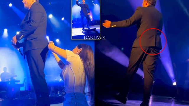 Həyat yoldaşı səhnədə Mustafanın kostyumunun yarığını açdı - VİDEO