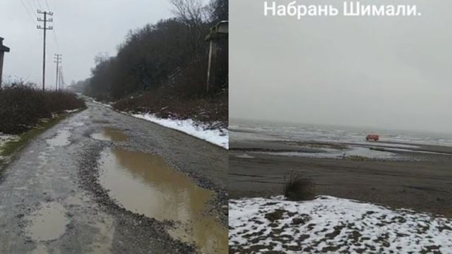 Azərbaycanda yol bərbad hala düşdü, avtobus sərnişinləri dəniz kənarı ilə daşıdı - VİDEO