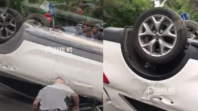 Bakıda ağır qəza: Avtomobil çevrildi - VİDEO