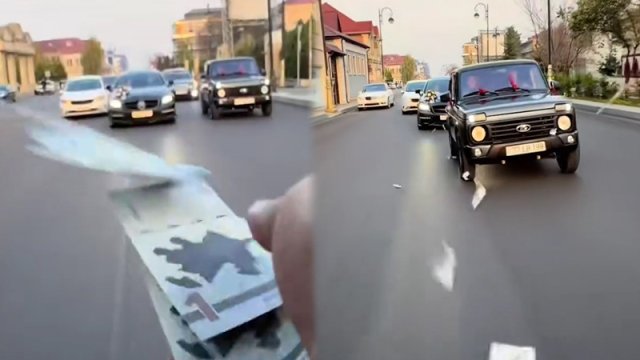 Toy karvanında "avtoş"luq edib yola pul səpdilər - VİDEO